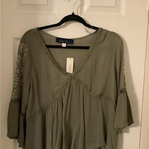 Blue Rain Sage Green Blouse with Lace Accents